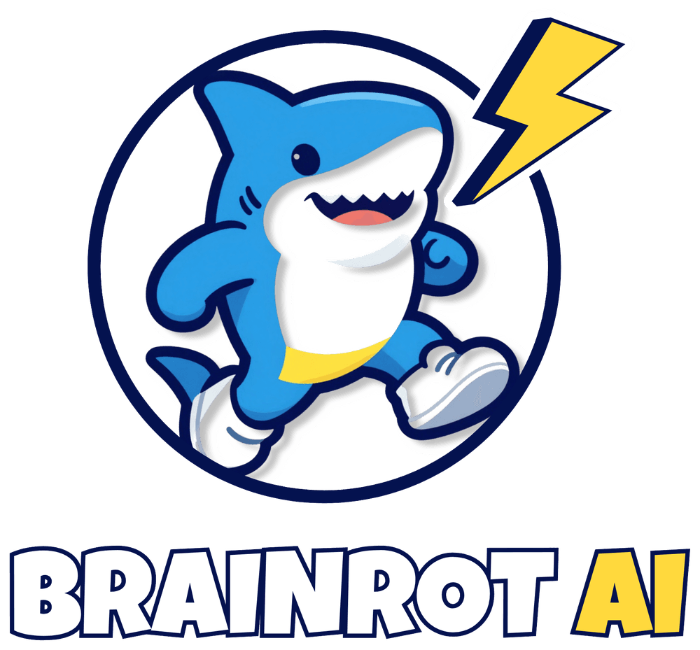 BrainRotAI logo — shark mascot with lightning bolt